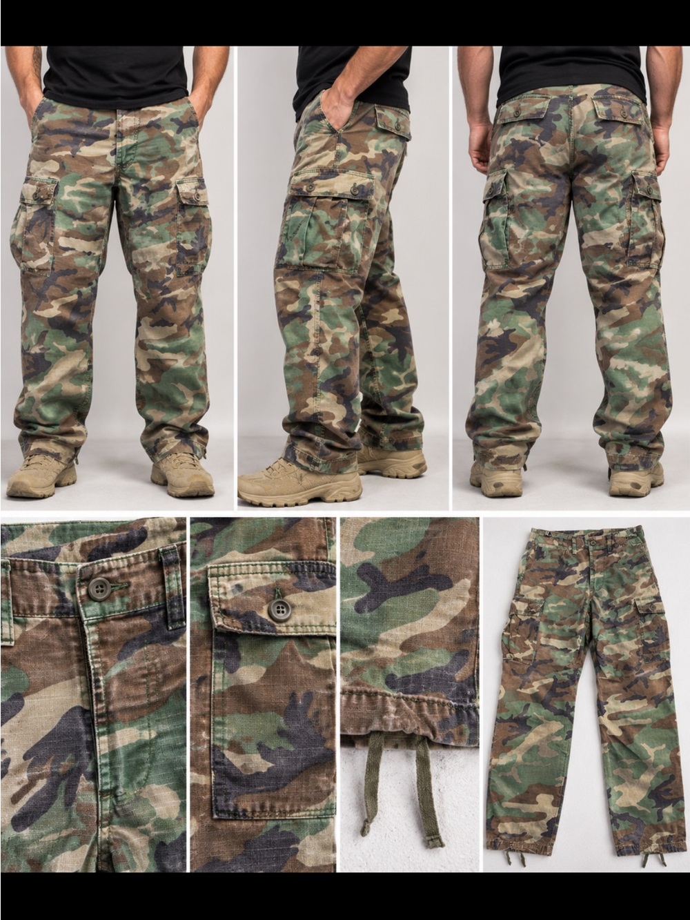 Vintage U.S. Army Woodland Camo Men's Cargo Pants - Green/Brown/Black Size s